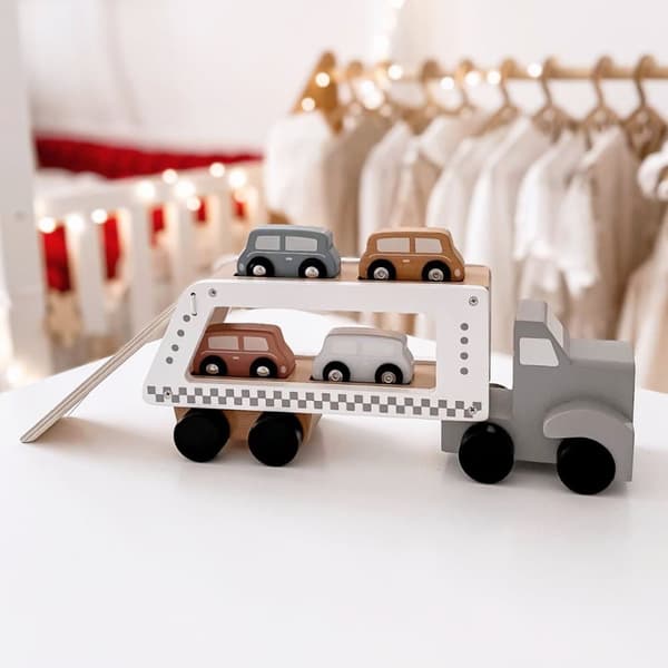 Mamabrum Puinen pakettiauto 4 ajoneuvolla, kuorma-auto 4 puuautolla, leluautot lapsille 3 vuotta, kuorma-auto perävaunulla: 13/8,5/33 cm
