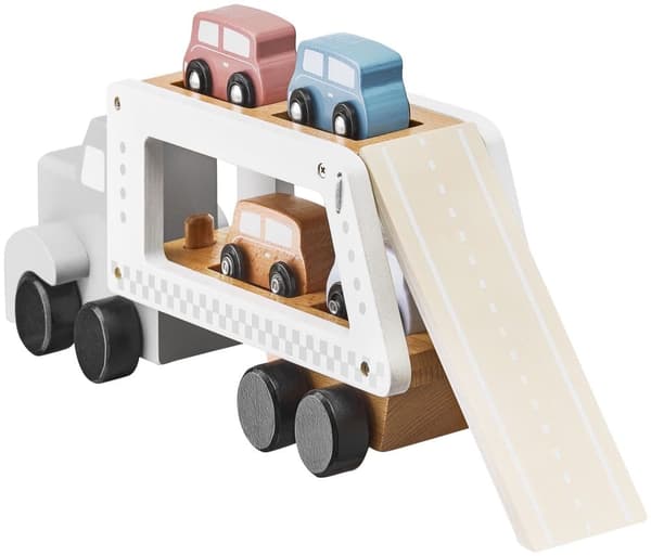 Mamabrum Puinen pakettiauto 4 ajoneuvolla, kuorma-auto 4 puuautolla, leluautot lapsille 3 vuotta, kuorma-auto perävaunulla: 13/8,5/33 cm