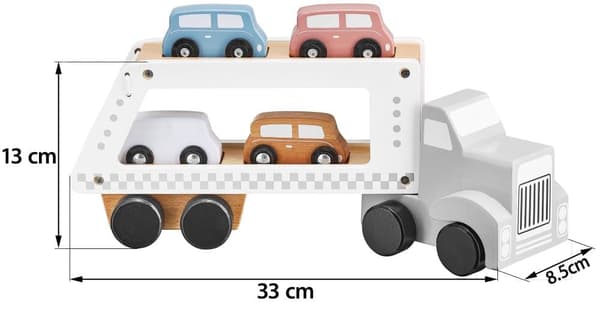 Mamabrum Puinen pakettiauto 4 ajoneuvolla, kuorma-auto 4 puuautolla, leluautot lapsille 3 vuotta, kuorma-auto perävaunulla: 13/8,5/33 cm