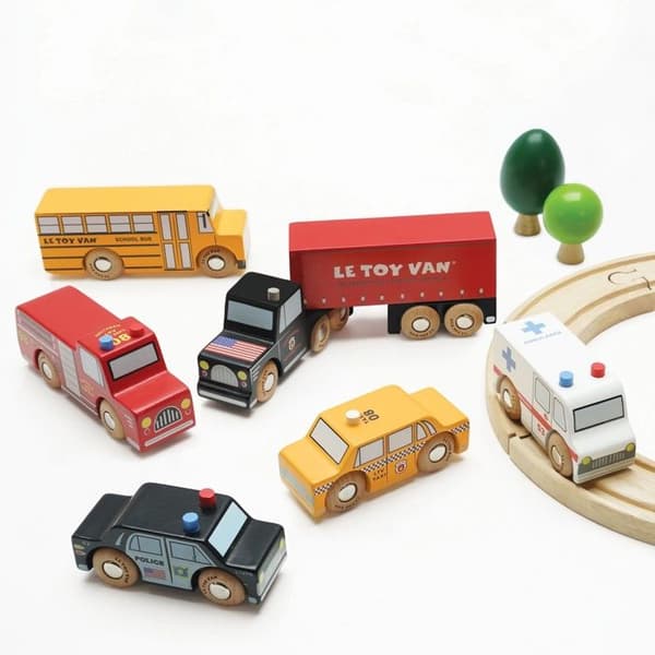 New York träbilar - LE TOY VAN - 6 fordon - Gula och röda - För pojkar från 3 år och uppåt