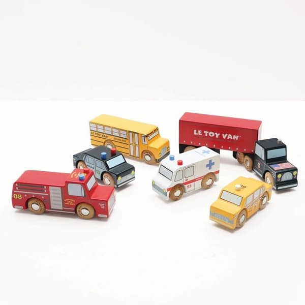 New York träbilar - LE TOY VAN - 6 fordon - Gula och röda - För pojkar från 3 år och uppåt
