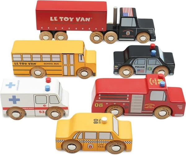 New York träbilar - LE TOY VAN - 6 fordon - Gula och röda - För pojkar från 3 år och uppåt