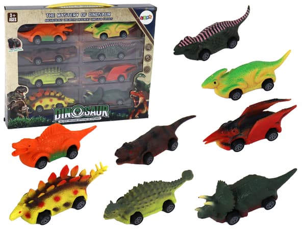 Uppsättning av fjädrar, dinosaurier, färgglada bilar, 8 delar