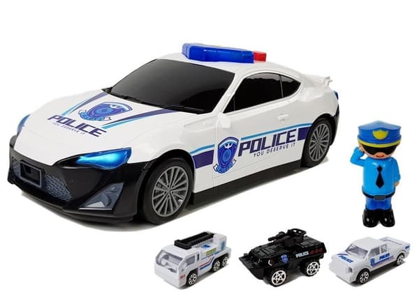 Poliisiautojen säilytyslaatikko Autotalli 2in1 Policeman Small Cars Sound Lights
