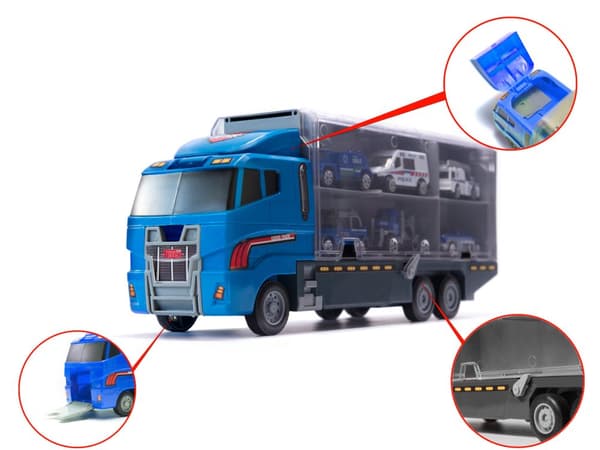 Transportör, TIR-lastbil, bärraket + polisbilar i metall