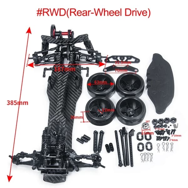 Drift Bil Chassis Kit, Legeret & Carbon Fiber Konstruktion, Justerbar Højde, til RWD-Black