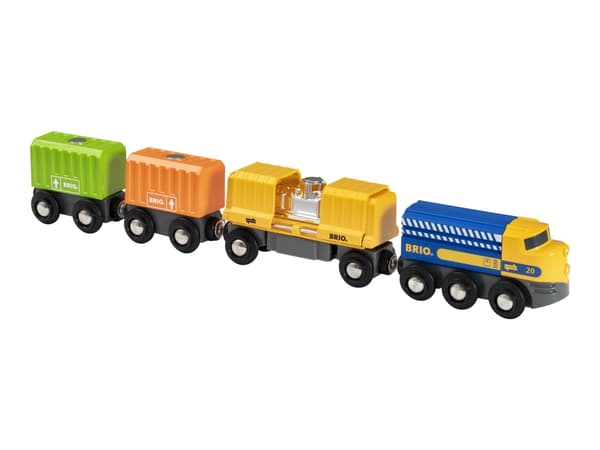 BRIO World - Three-Wagon Cargo Train - gul, oransje, lys grønn