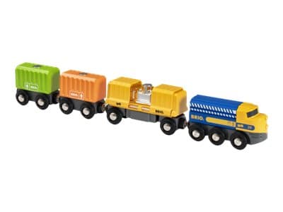 BRIO World - Three-Wagon Cargo Train - gul, oransje, lys grønn
