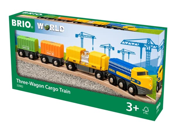 BRIO World - Three-Wagon Cargo Train - gul, oransje, lys grønn