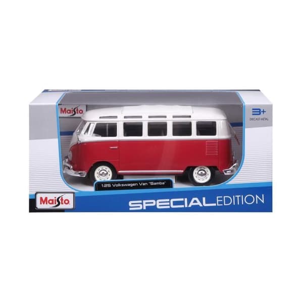 Miniatyrbil - MAISTO - Volkswagen T1 Combi Samba M31956 - Metall - Röd i skala 1/25
