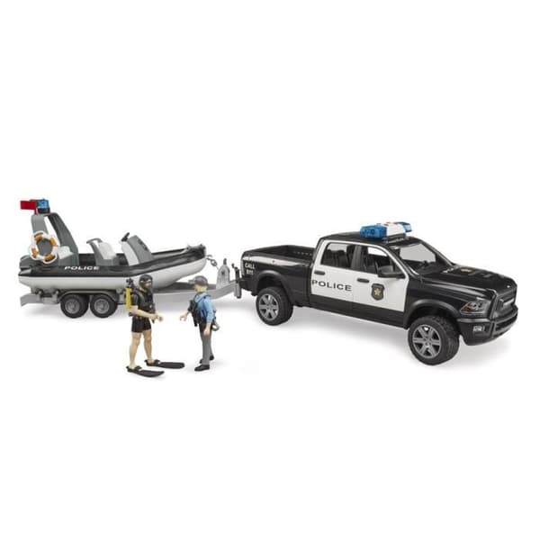 RAM 2500 polis pickup med L + S modul, trailer, båt, polis och dykare - Bruder