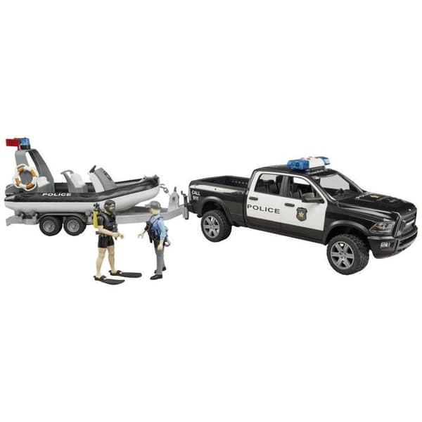 RAM 2500 polis pickup med L + S modul, trailer, båt, polis och dykare - Bruder