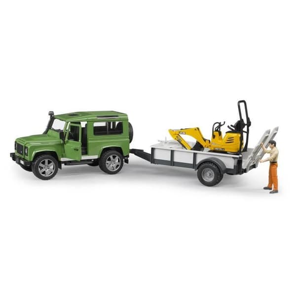 Land Rover Defender med släp och JCB minigrävare - BRUDER