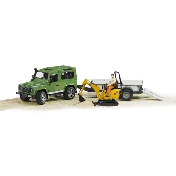 Land Rover Defender med släp och JCB minigrävare - BRUDER