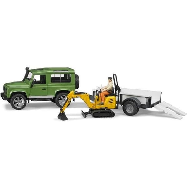 Land Rover Defender med släp och JCB minigrävare - BRUDER