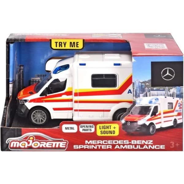 Billeksak - MAJORETTE - Mercedes-Benz Sprinter ambulans - Ljud och ljuseffekter - Vit