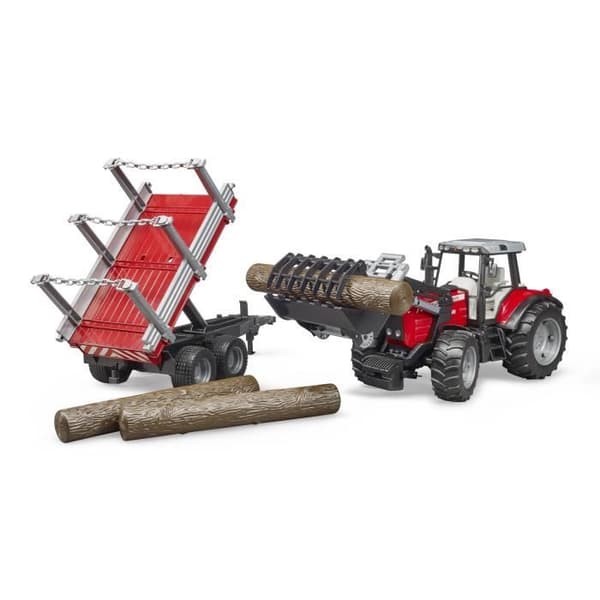 MASSEY FERGUSON 7480 traktor med gaffel och vedtransportvagn - BRUDER