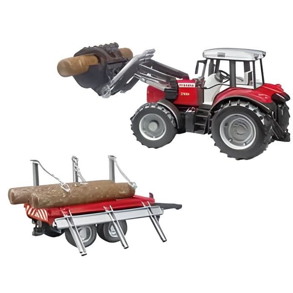 MASSEY FERGUSON 7480 traktor med gaffel och vedtransportvagn - BRUDER