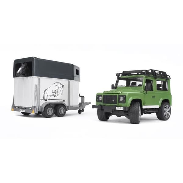 Land Rover Defender 90 Break med skåpbil och en häst - BRUDER - Funktionell och detaljerad