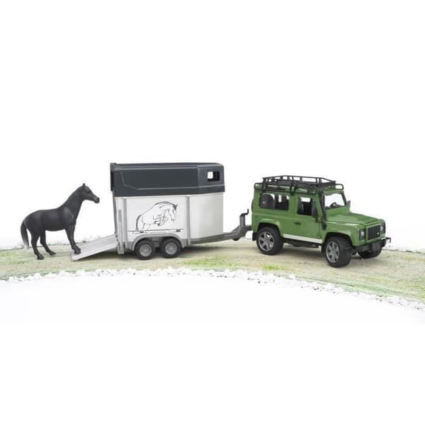 Land Rover Defender 90 Break med skåpbil och en häst - BRUDER - Funktionell och detaljerad