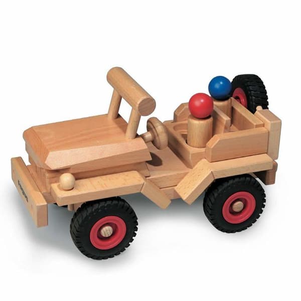 Träleksak - Fagus - Jeep - 28 cm - 2 figurer - Styrande hjul