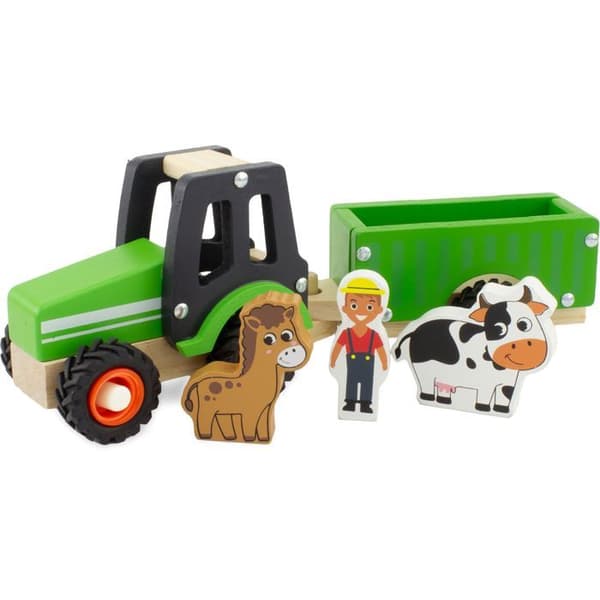 Träleksak - Ulysse - Grön traktor och släp - 3 figurer - Gummihjul - 12 månader och uppåt