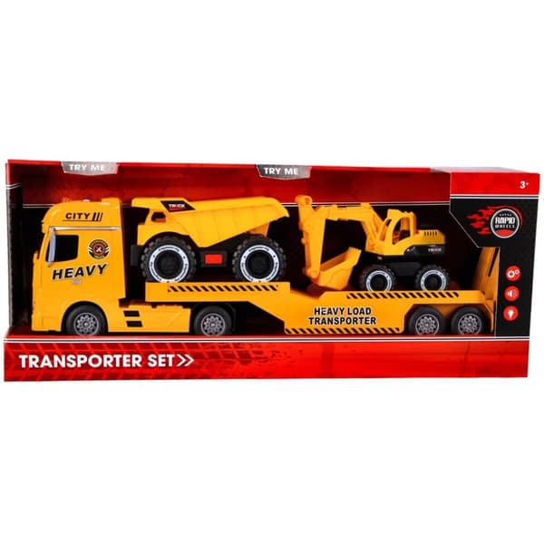 Rapid Wheels Car Transporter + 2 byggekøretøjer + lys og lyd