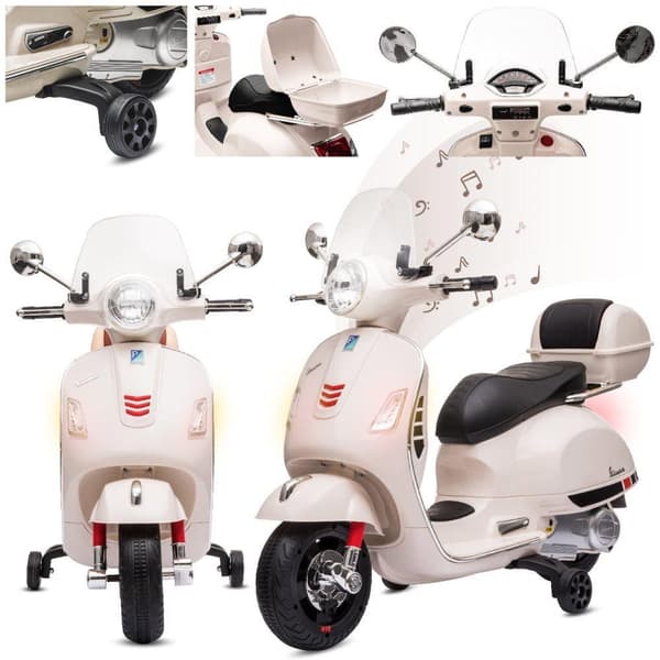 Barns ridebil, Vespa scooter med batteri och väska, vit, Sun Babya