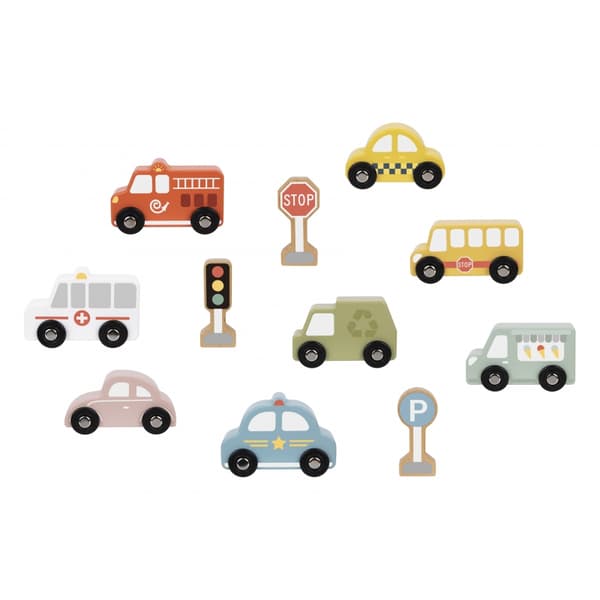 TOOKY TOY Uppsättning av Träfordon och Vägmärken i en Låda