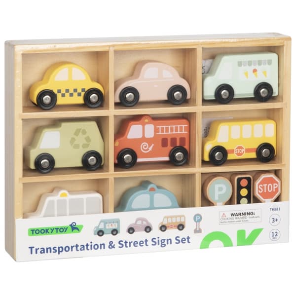 TOOKY TOY Uppsättning av Träfordon och Vägmärken i en Låda