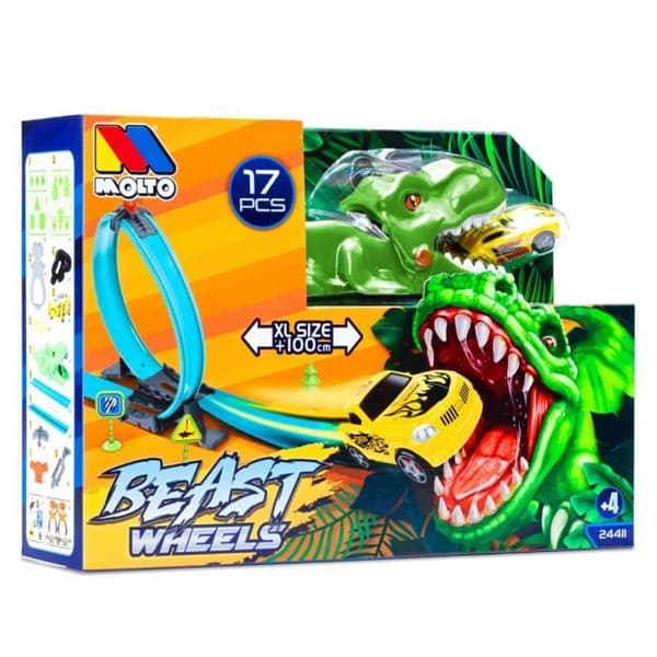 Dinosaurieracingbana REX Track - MOLTO - Leksaksbilsbana med looping - Grön och Blå - Barn