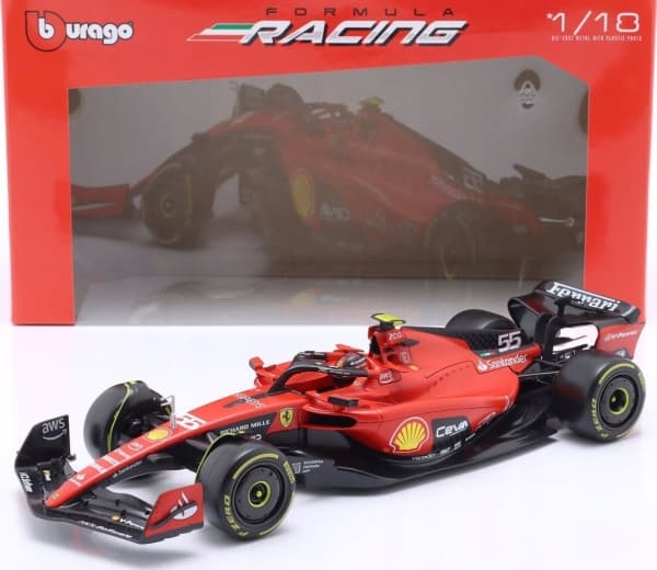 BBURAGO Ferrari F1 #55 Carlos Sainz SF-23 F1, Sportsbil, Montert på forhånd, 1:18, Ferrari F1, Alle kjønn, Metall, Plast