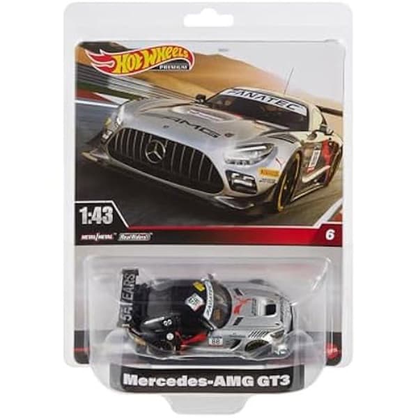 Hot Wheels Mercedes AMG GT3 Evo, Premium Samlarbil Skala 1/43, Real Riders Däck, Kaross och Chassi