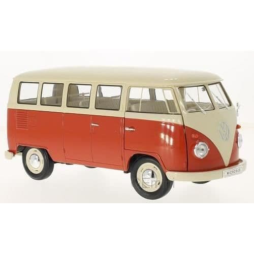 Miniatyrer monterade - Volkswagen T1 röd-orange / beige 1/18 Welly