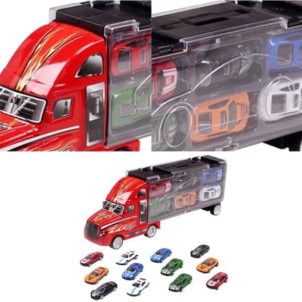 Barnleksak - Transportbil + 12st Liten bil + Grävmaskin - Fordonsform - Röd - Blandat