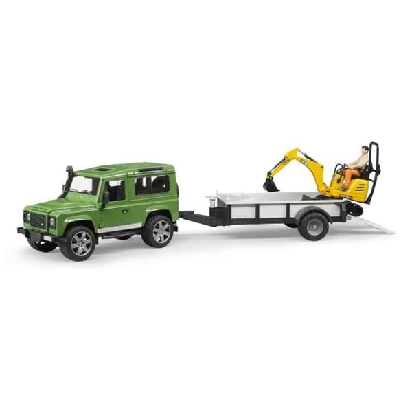 Land Rover Defender med släp och JCB minigrävare - BRUDER