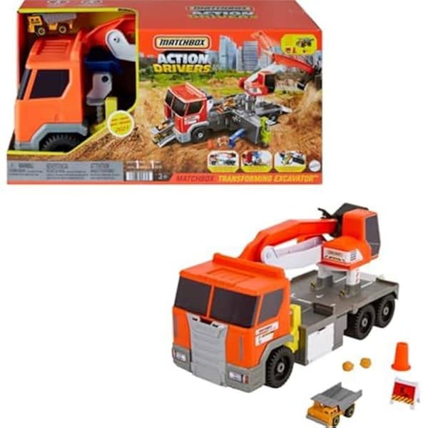 Matchbox Action Drivers Transformable Grävmaskin, Stor Tippbil Skala 1/64 Med Praktiska Fack, 4 Tillbehör