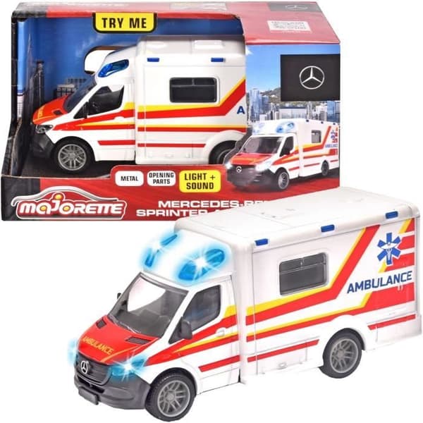 Billeksak - MAJORETTE - Mercedes-Benz Sprinter ambulans - Ljud och ljuseffekter - Vit