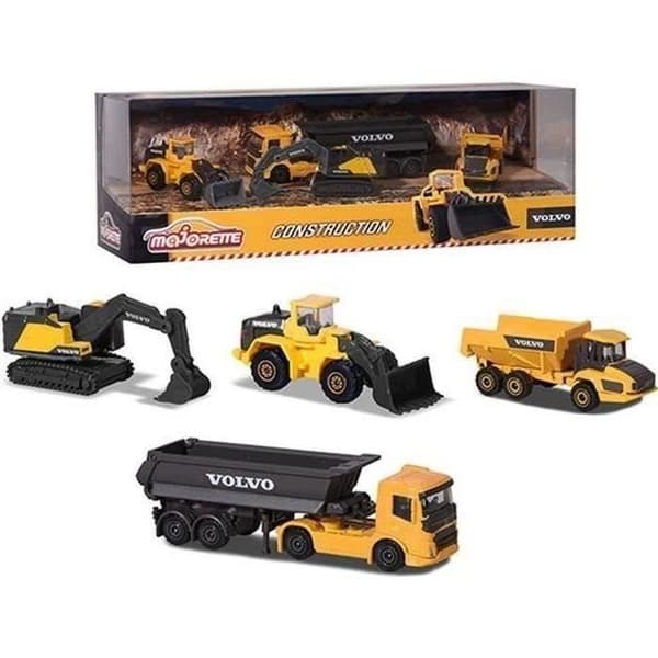 Låda med 4 Volvo anläggningsfordon i metallreproduktioner i skala 1/64 - Majorette