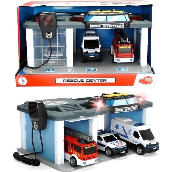 Räddningscentral - DICKIE TOYS - SOS räddningscentral - 3 fordon - Ljud och ljus - Från 3 år