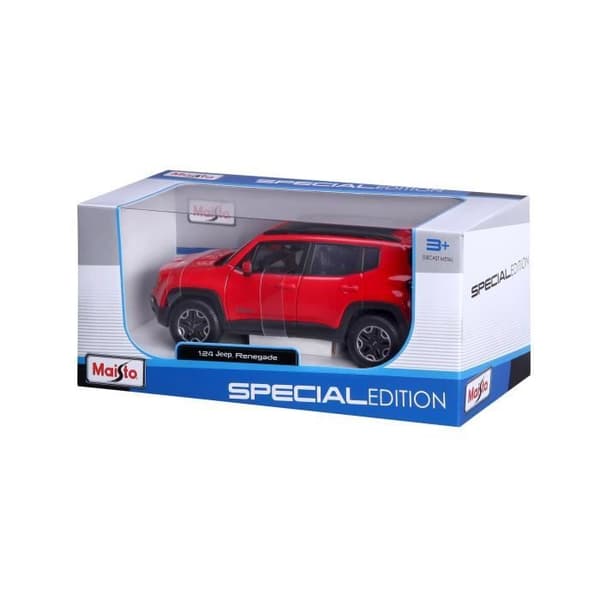 Red Jeep Renegade metallfordon i 1/24:e skala från märket MAISTO för barn från 3 år och uppåt