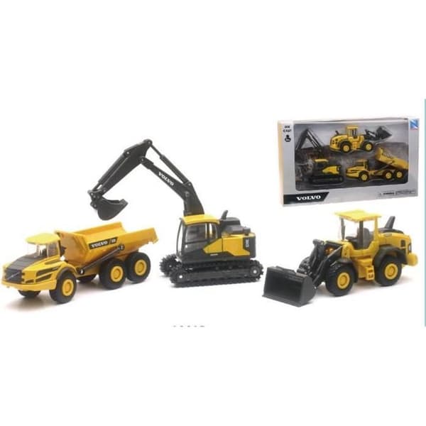 Monterade miniatyrer - Volvo Lastare, dumper och grävmaskinslåda (artikellängd ca 14 cm) Newray