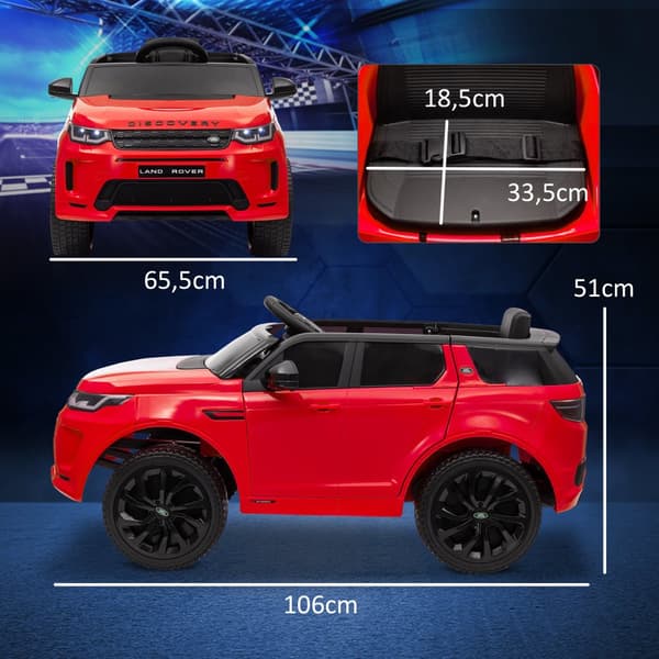 Lasten sähköauto, 12V Land Rover Discovery Sport, 106P x 65,5L x 51K cm, punainen