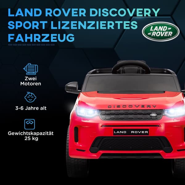 Lasten sähköauto, 12V Land Rover Discovery Sport, 106P x 65,5L x 51K cm, punainen