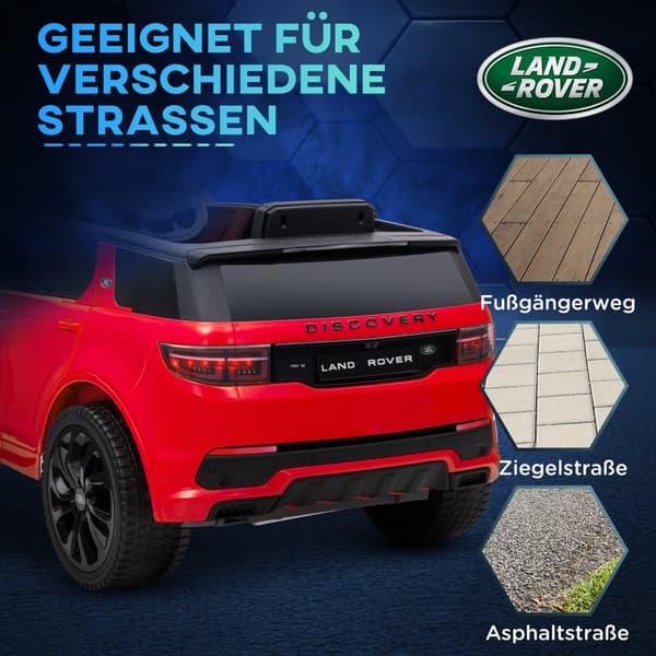 Lasten sähköauto, 12V Land Rover Discovery Sport, 106P x 65,5L x 51K cm, punainen