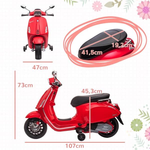 Lasten sähkömoottoripyörä, 6V Vespa, 107x47x73 cm, punainen