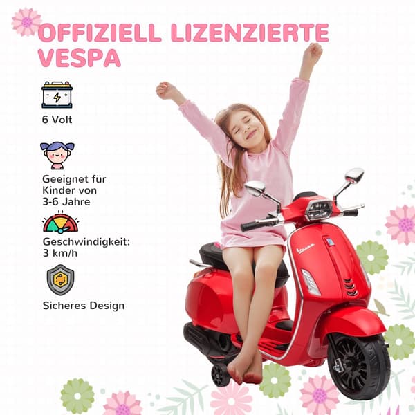 Lasten sähkömoottoripyörä, 6V Vespa, 107x47x73 cm, punainen