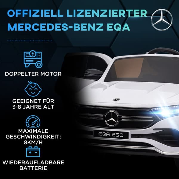 Lasten sähköauto, Mercedes-Benz EQA, 111,5 cm x 69 cm x 52,5 cm, valkoinen