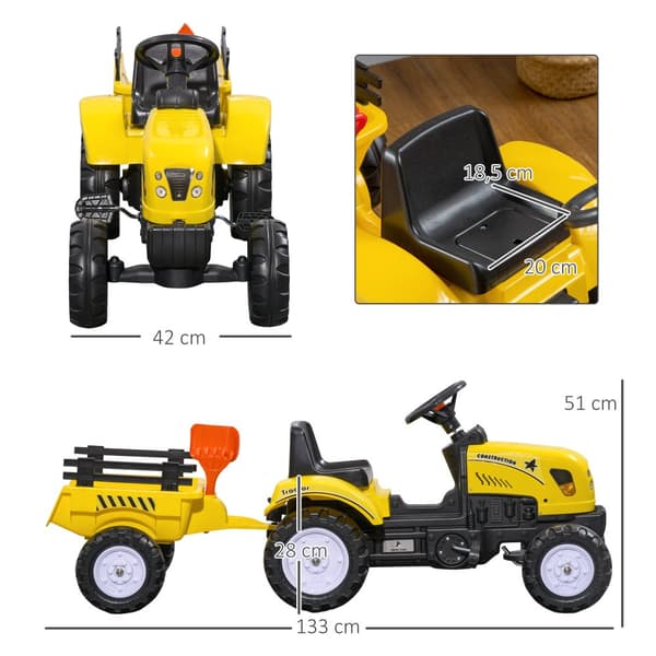 Pedaltraktor med släpvagn, 133x42x51 cm, Gul