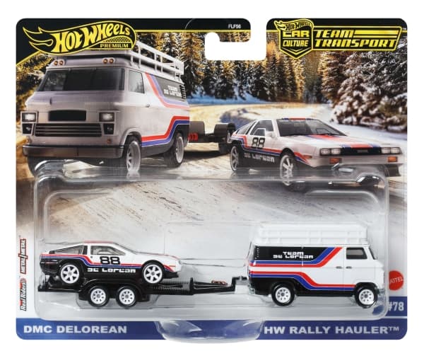 Hot Wheels Premium transporto priemonių rinkinys „Team DeLorean Rally Hauler“ #78 DMC DeLorean
